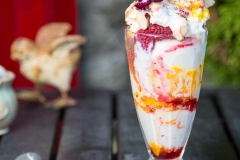 Ice-cream Sundae with fruit and sauces